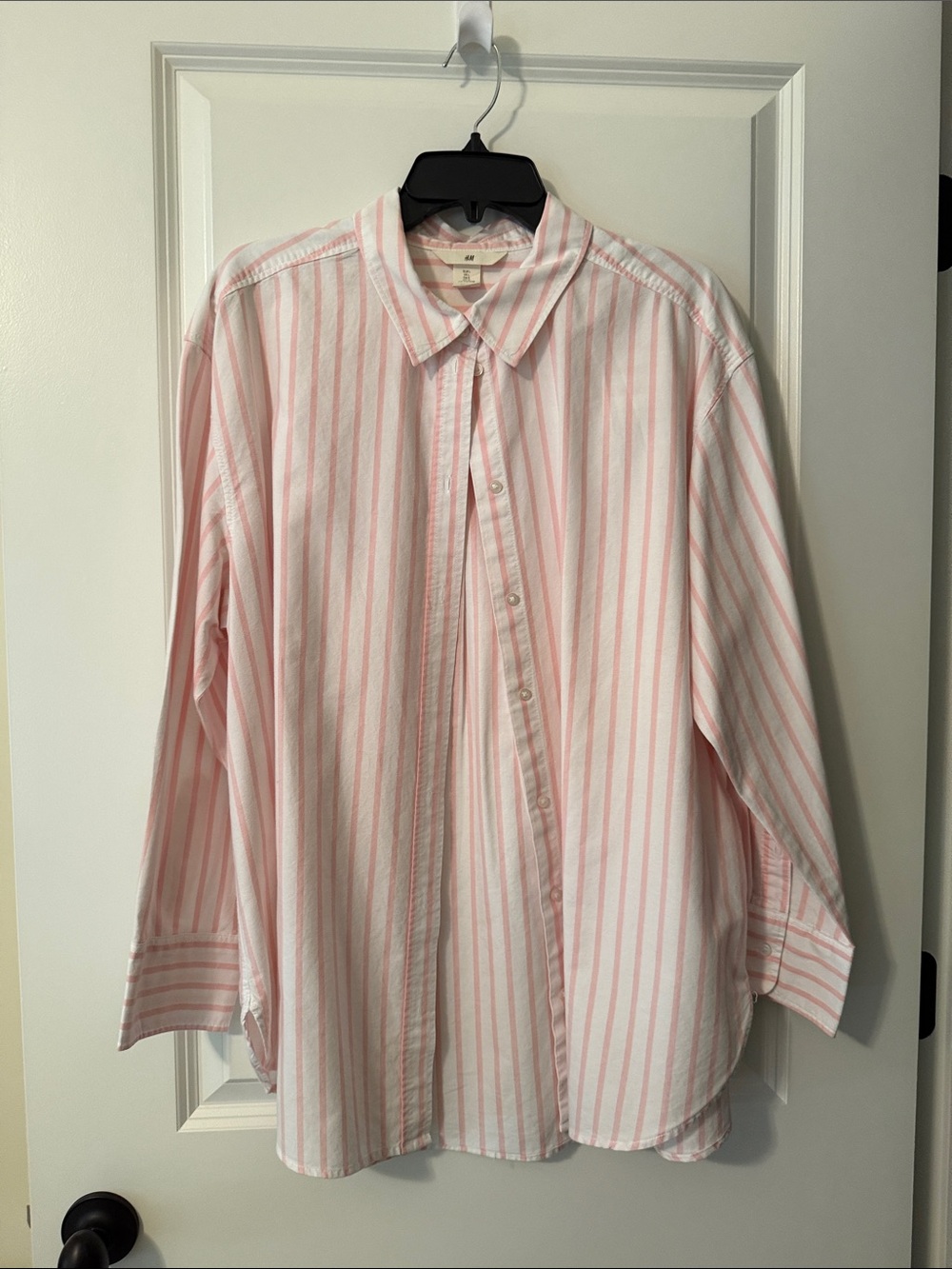 H&M Pink and White Striped Oversized Long Sleeve Dress Shirt